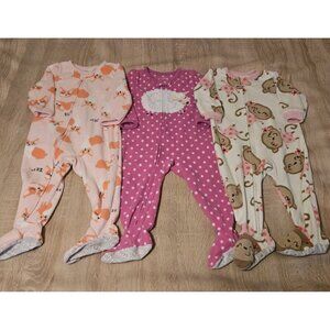 Lot Of 3 Fleece Footed Pajamas Pjs Girls Size 12 months Carters Monkey Lamb Dog